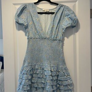 LoveShackFancy Light Blue Floral Ruffle Dress